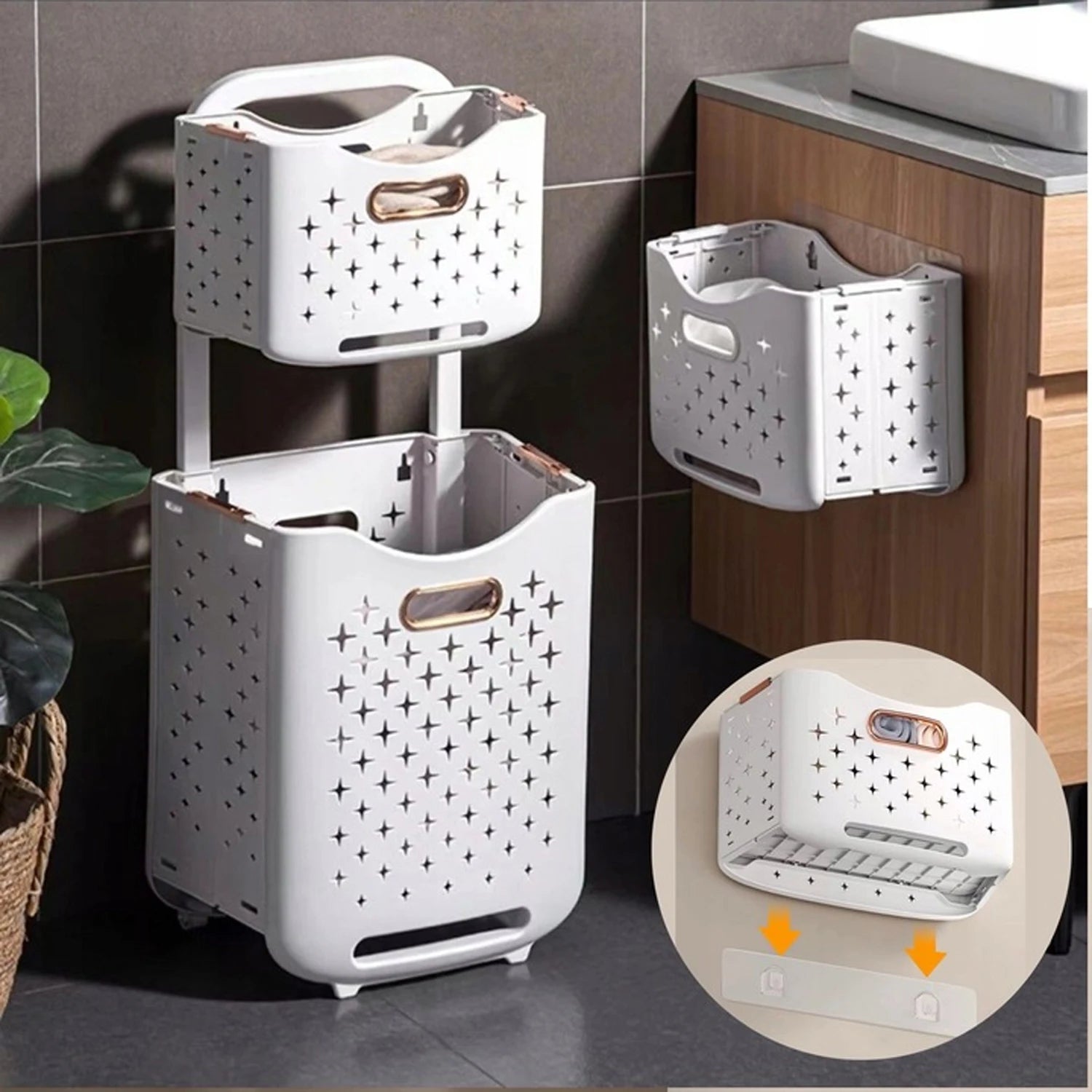 Panier à linge plastique à 2 étages avec roulettes et pliable