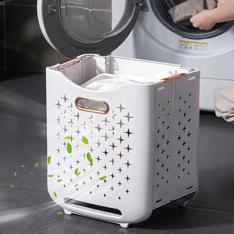 Panier à linge plastique à 2 étages avec roulettes et pliable