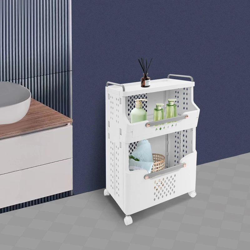 Panier à linge en plastique 2 niveaux avec roulettes