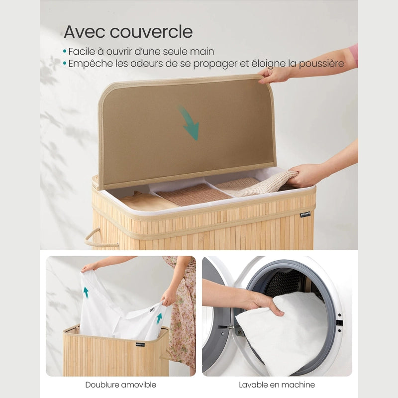Panier à linge en bambou avec couvercle - 150L