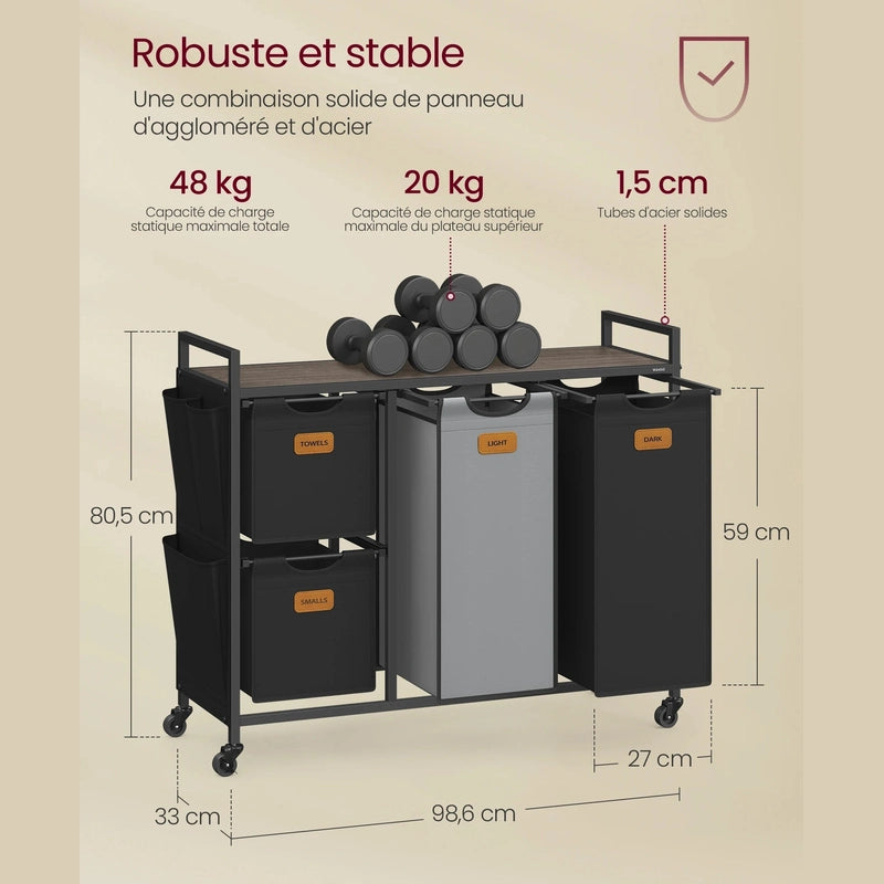 Panier à linge en acier et tissu 4 compartiments