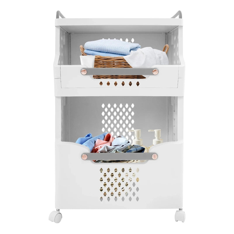 Panier à linge en plastique 2 niveaux avec roulettes