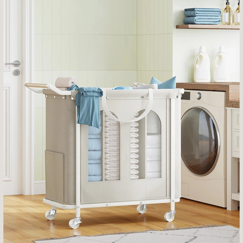 Panier à linge en tissu 3 compartiments sur roulettes