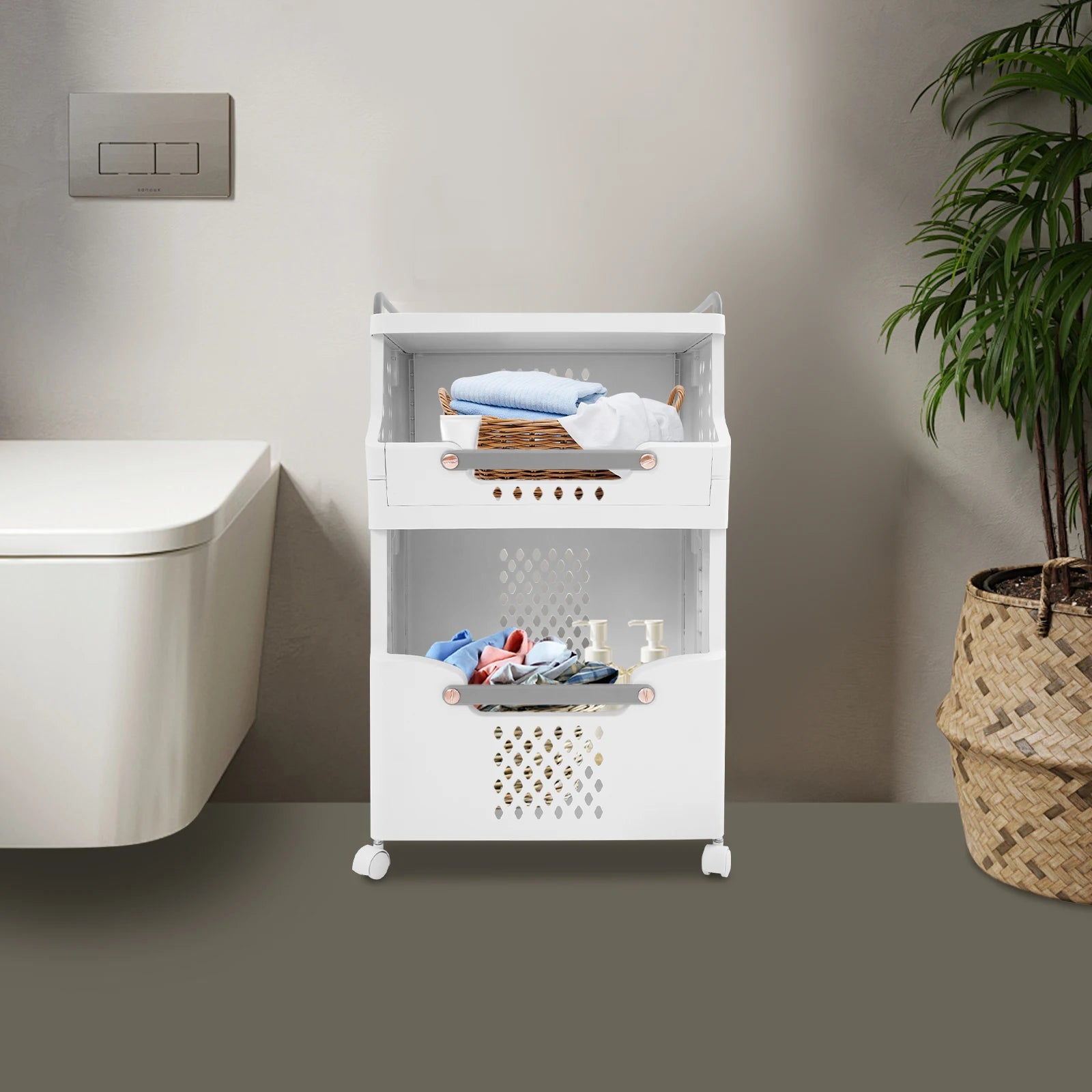 Panier à linge en plastique 2 niveaux avec roulettes