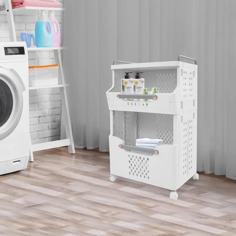 Panier à linge en plastique 2 niveaux avec roulettes