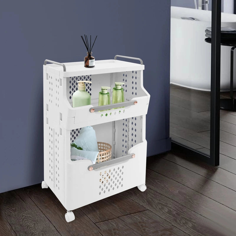 Panier à linge en plastique 2 niveaux avec roulettes