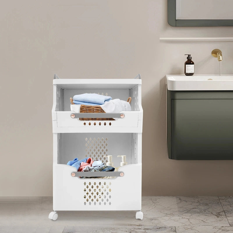 Panier à linge en plastique 2 niveaux avec roulettes