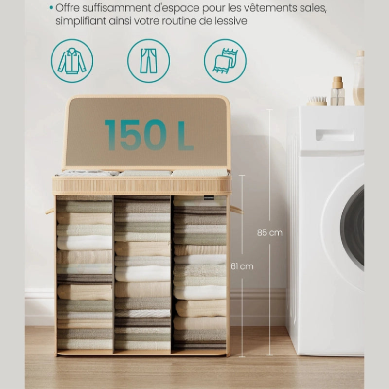Panier à linge en bambou avec couvercle - 150L