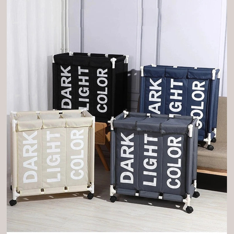 Panier à linge en tissu pliable 3 compartiments avec roulettes