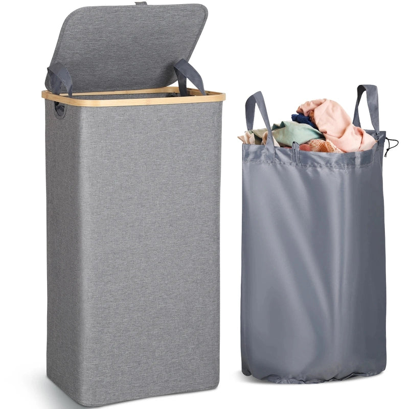 Panier à linge en tissu pliable, imperméable et structure en bambou avec couvercle