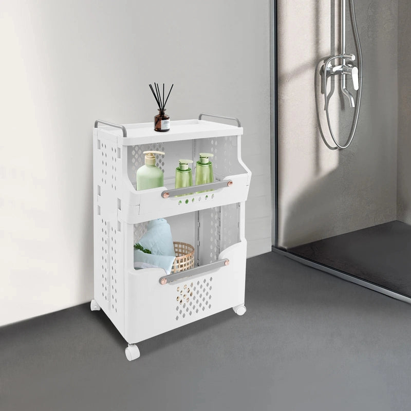 Panier à linge en plastique 2 niveaux avec roulettes