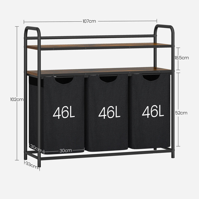 Panier à linge en tissu 3 compartiments avec étagères