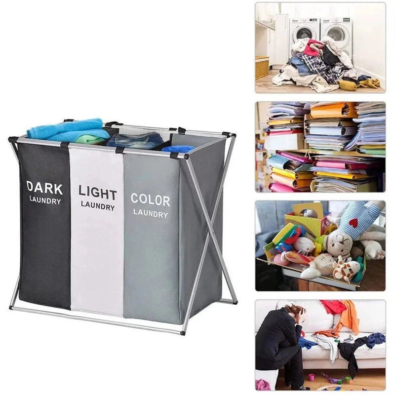 Panier à linge en tissu 3 compartiments pliable