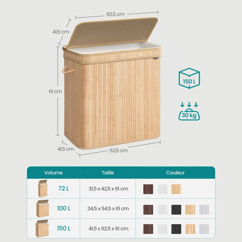 Panier à linge en bambou avec couvercle - 150L