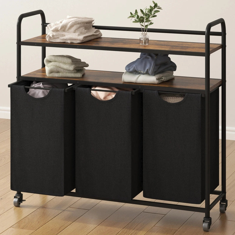 Panier à linge en tissu 3 compartiments avec étagères