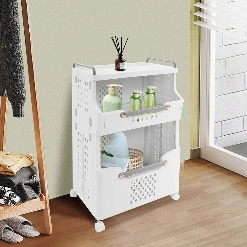 Panier à linge en plastique 2 niveaux avec roulettes