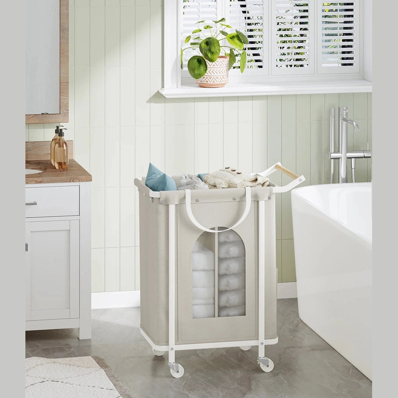 Panier à linge en bois et tissu avec roulettes 2 compartiments