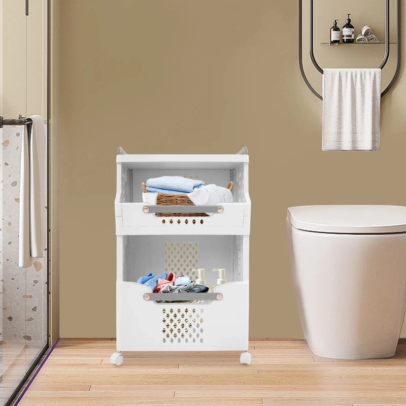 Panier à linge en plastique 2 niveaux avec roulettes