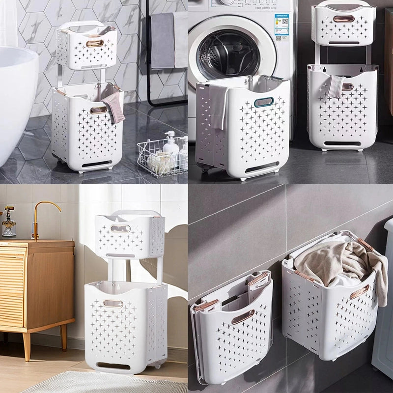 Panier à linge plastique à 2 étages avec roulettes et pliable