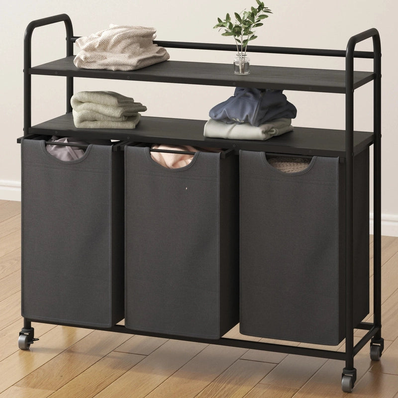 Panier à linge en tissu 3 compartiments avec étagères