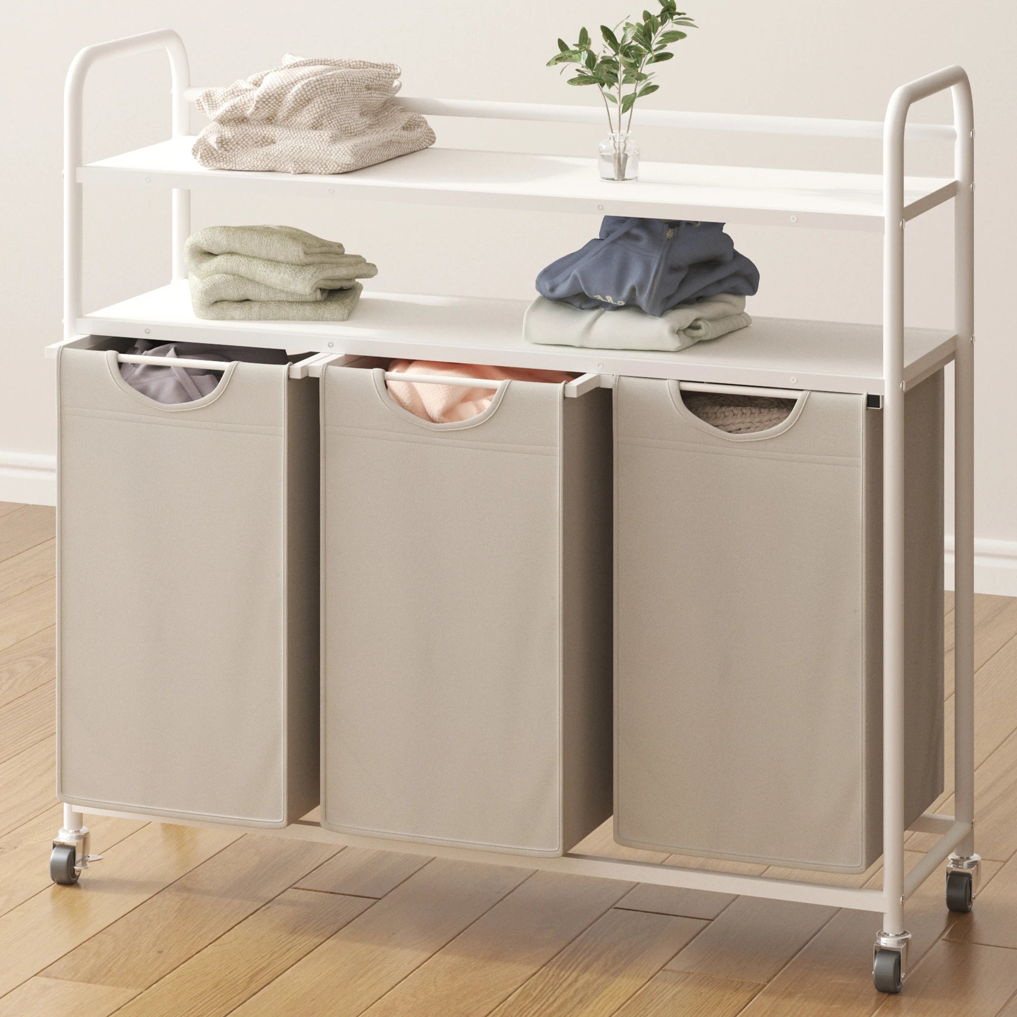 Panier à linge en tissu 3 compartiments avec étagères