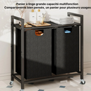 Panier à linge en tissu 2 compartiments avec roulettes et étagère