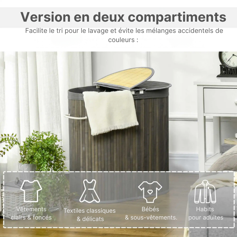 Panier à linge en bambou avec 2 compartiments