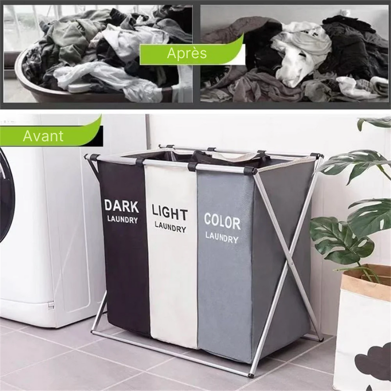 Panier à linge en tissu 3 compartiments pliable