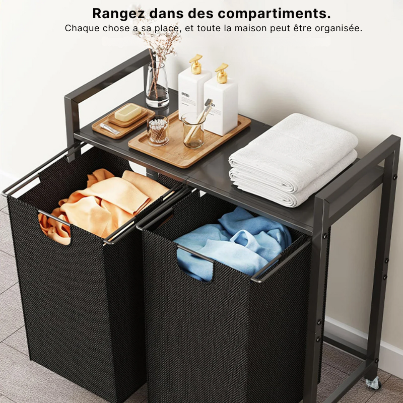 Panier à linge en tissu 2 compartiments avec roulettes