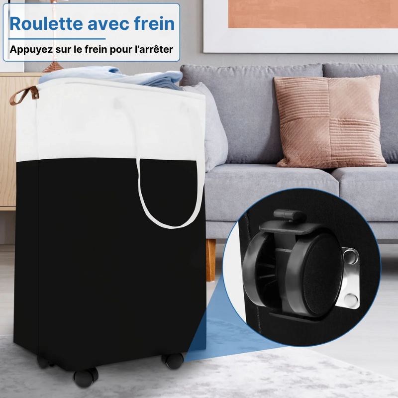 Panier à linge noir pliable à roulettes
