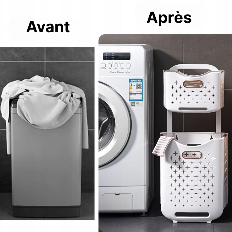 Panier à linge plastique à 2 étages avec roulettes et pliable