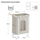 Panier à linge en bois et tissu avec roulettes 2 compartiments