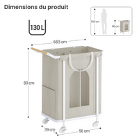 Panier à linge en bois et tissu avec roulettes 2 compartiments