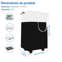 Panier à linge noir pliable à roulettes
