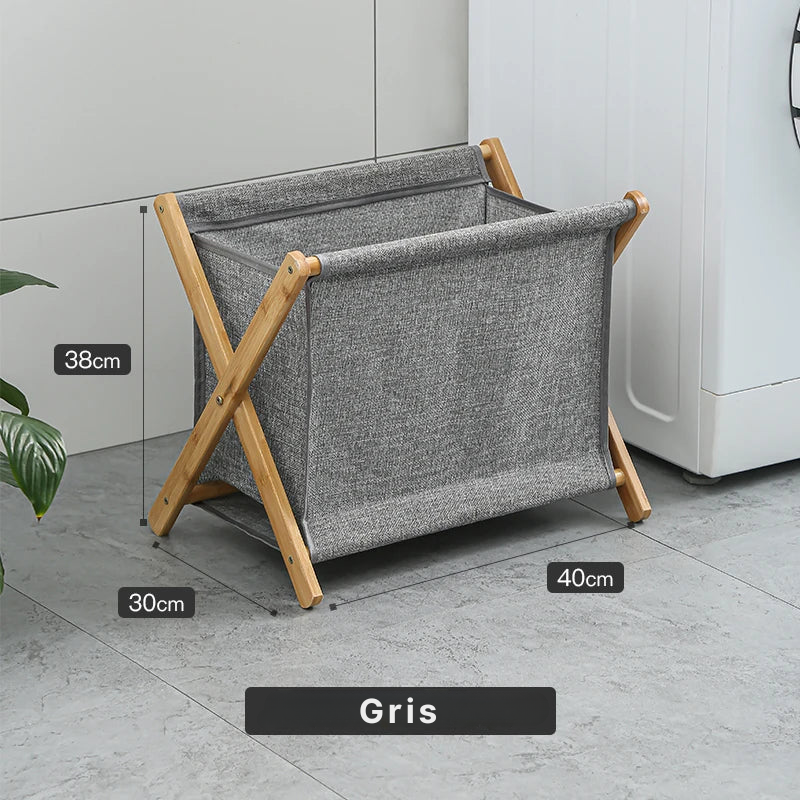 Panier à linge en bois et tissu pliable