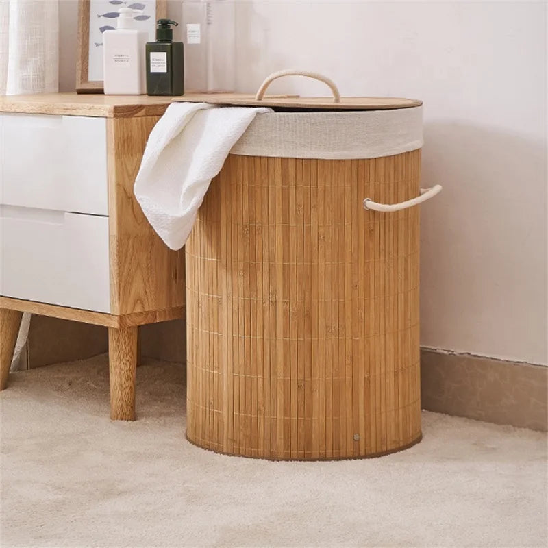 Panier à linge en bambou naturel avec couvercle