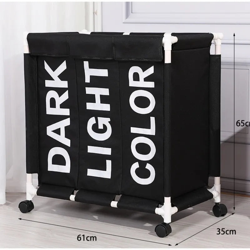 Panier à linge en tissu pliable 3 compartiments avec roulettes