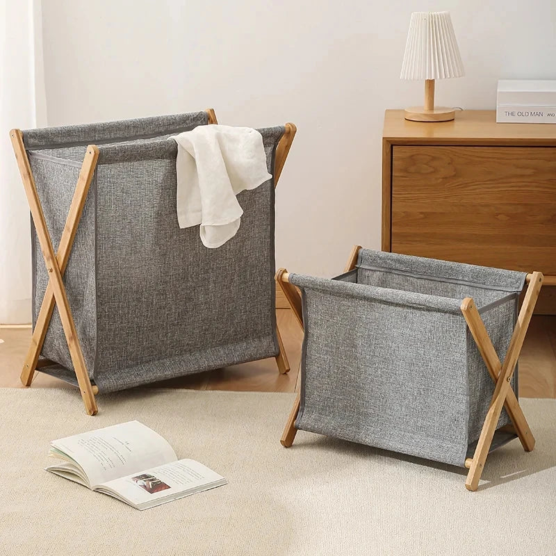 Panier à linge en bois et tissu pliable