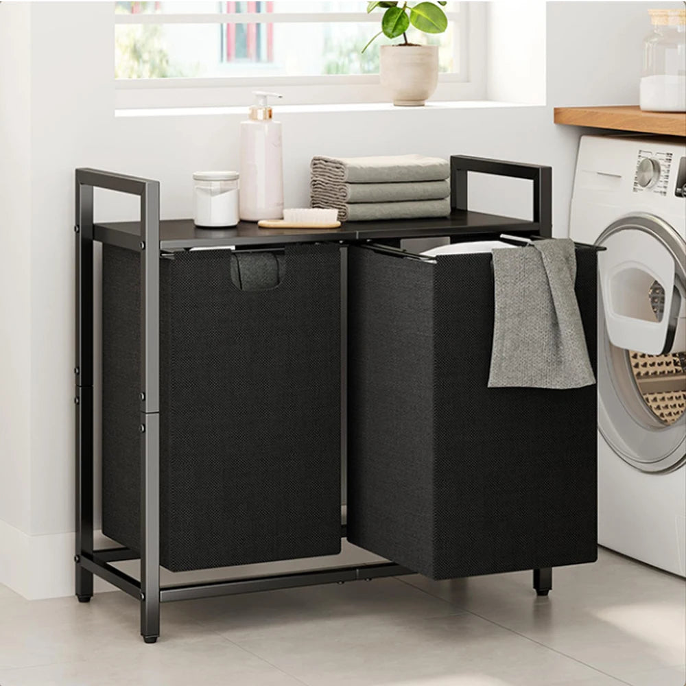 Panier à linge en tissu 2 compartiments avec roulettes