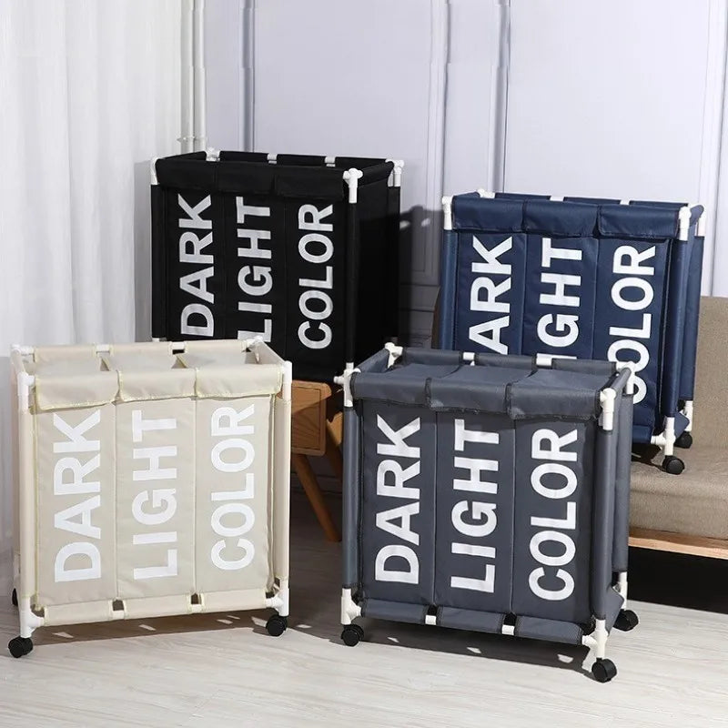 Panier à linge en tissu pliable 3 compartiments avec roulettes