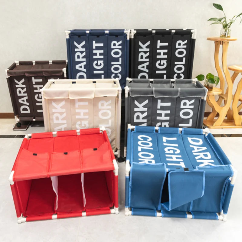 Panier à linge en tissu pliable 3 compartiments avec roulettes