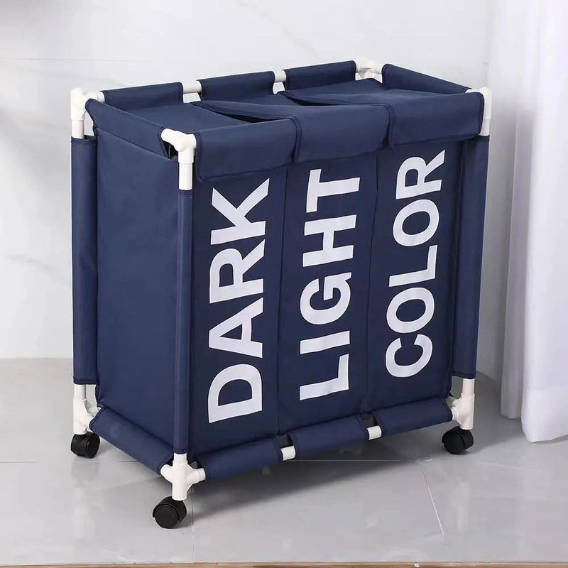Panier à linge en tissu pliable 3 compartiments avec roulettes