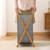 Panier à linge en bois et tissu pliable