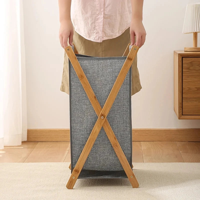 Panier à linge en bois et tissu pliable