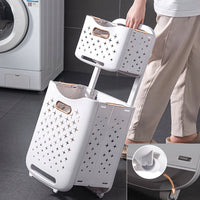 Panier à linge plastique à 2 étages avec roulettes et pliable