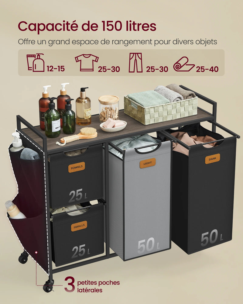 Panier à linge en acier et tissu 4 compartiments